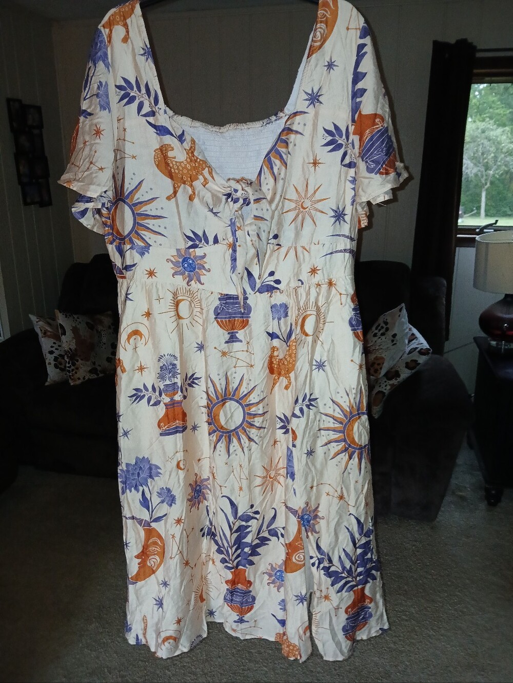 BloomChic Cream Midi Dress with Orange & Blue Celestial Print